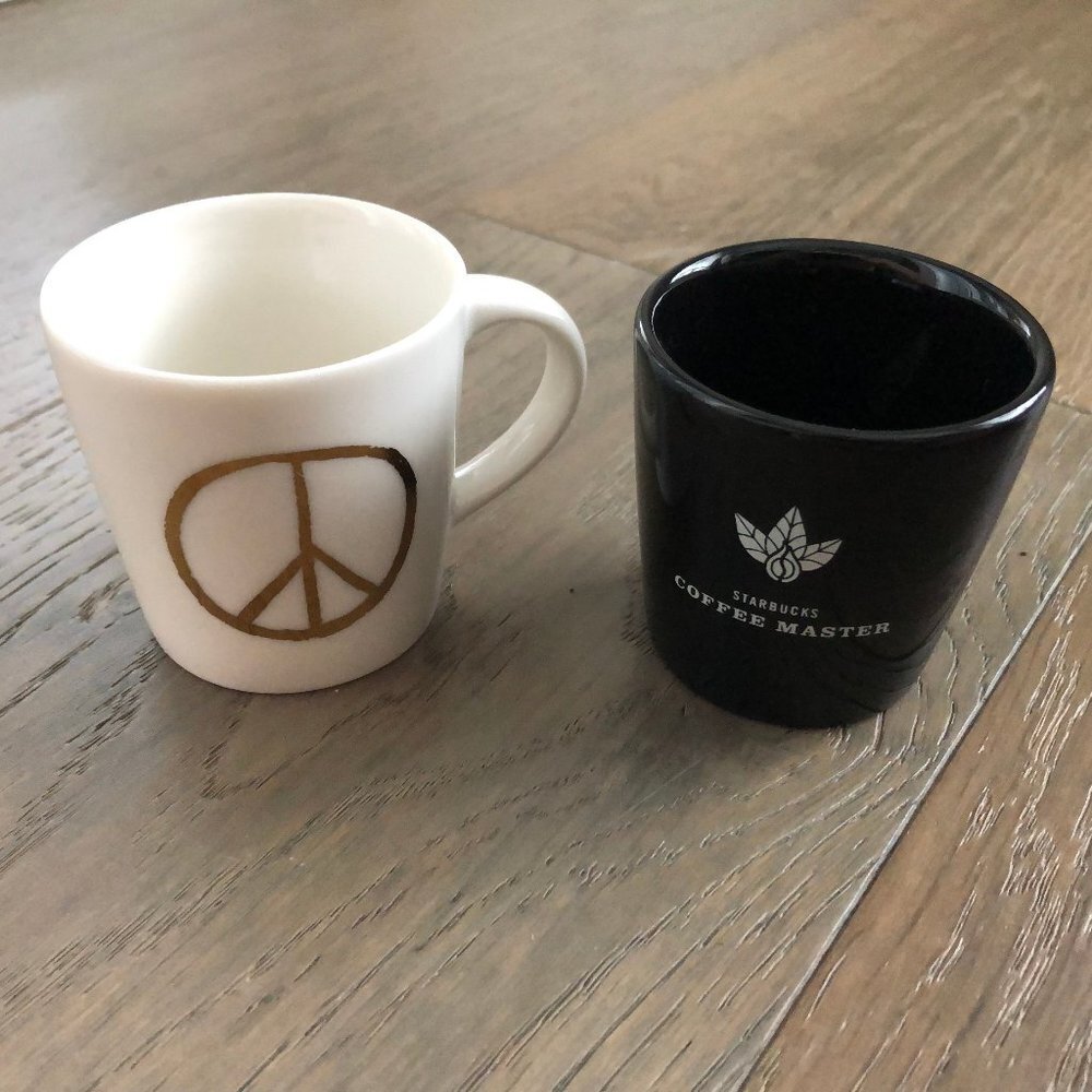 Starbucks 2004 Coffee Master + 2015 Peace Ceramic 3 oz Expresso Cups Wht Black